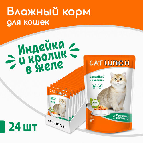 фото Влажный корм для кошек Cat Lunch кусочки в желе Индейка и Кролик, пауч 85гх24шт