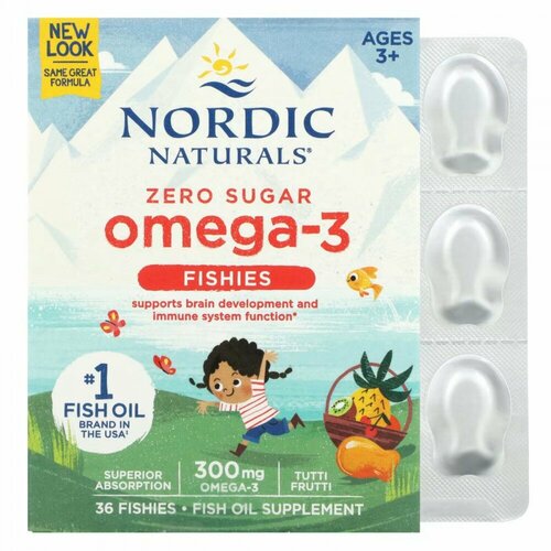 фото Nordic Naturals, Nordic Omega-3 Fishies, рыбки с омега-3, для детей от 2 лет, вкус тутти-фрутти, 300 мг, 36 рыбок