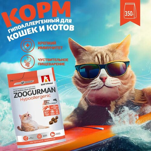 фото Полнорационный сухой корм для взрослых кошек Зоогурман Hypoallergenic, Лосось с рисом/Salmon & Rice 350 г