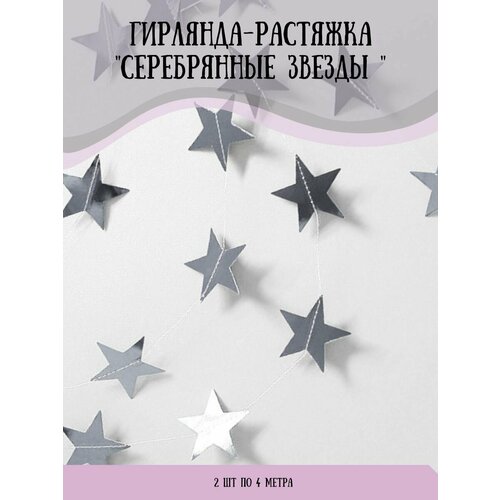 фото Гирлянда растяжка бумажная, Звёзды, Серебро, Нить 4 метра, 2 шт., заказать за 244 рублей