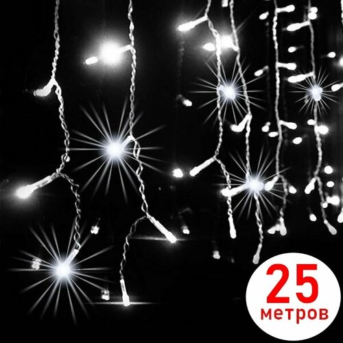 фото Светодиодная уличная гирлянда Белая бахрома, 400 LED длина 25 метров х 0.7 м, IP44, герметичный колпачок с эффектом мерцания на белом проводе