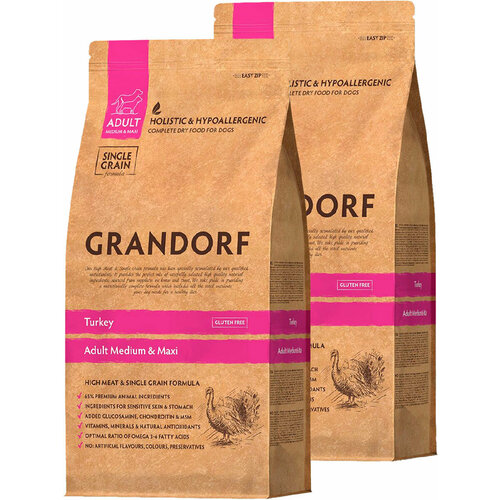 фото GRANDORF SINGLE GRAIN DOG ADULT MEDIUM & MAXI TURKEY низкозерновой для взрослых собак средних и крупных пород с индейкой (10 + 10 кг)