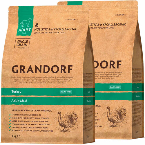 фото GRANDORF SINGLE GRAIN DOG ADULT MAXI TURKEY низкозерновой для взрослых собак крупных пород с индейкой (3 + 3 кг)