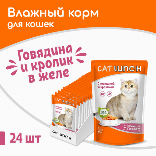 фото Влажный корм для кошек Cat Lunch кусочки в желе Говядина и Кролик, пауч 85гх24шт