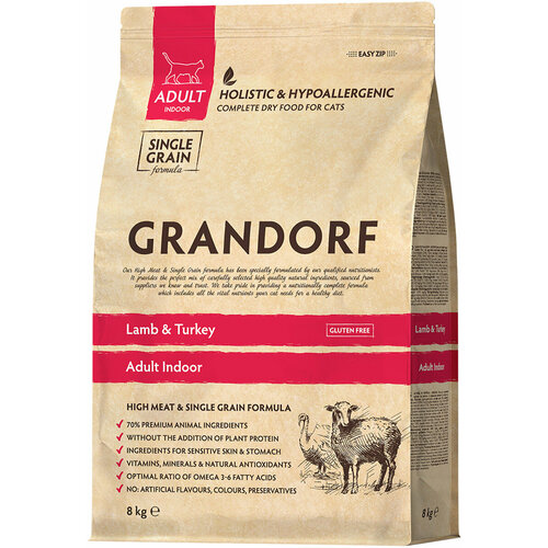 фото GRANDORF SINGLE GRAIN CAT AD INDOOR LAMB&TURKEY низкозерн для взр кошек живущих дома ягненок индейка 8 кг