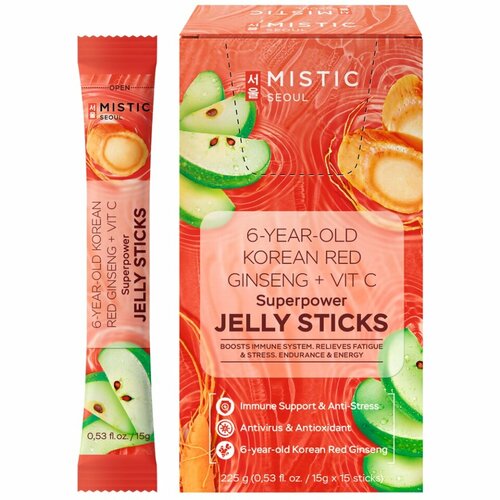 фото MISTIC 6-YEAR OLD KOREAN RED GINSENG+VIT C SUPERPOWER JELLY STICKS, 15pcs*15g/box суперпауэр желейные палочки С 6-ЛЕТНИМ корейским красным женьшенем