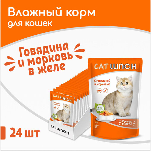 фото Влажный корм для кошек Cat Lunch кусочки в желе Говядина и Морковь, пауч 85гх24шт