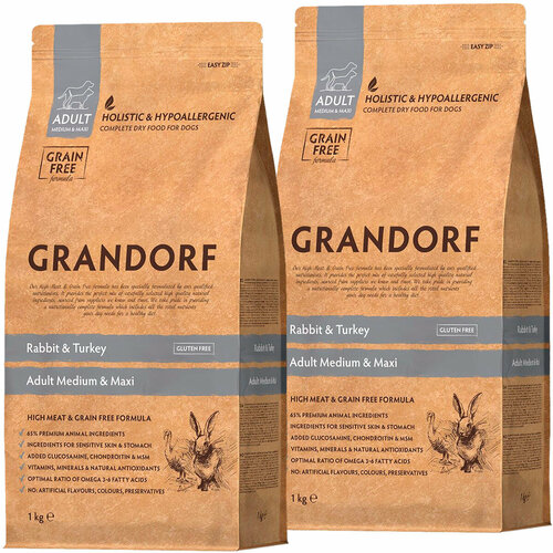 фото GRANDORF GRAIN FREE DOG ADULT MEDIUM & MAXI RABBIT & TURKEY беззерновой для взрослых собак средних и крупных пород с кроликом и индейкой(1 + 1 кг)