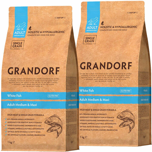 фото GRANDORF SINGLE GRAIN DOG ADULT MEDIUM & MAXI WHITE FISH низкозерновой для взрослых собак средних и крупных пород с белой рыбой (1 + 1 кг)