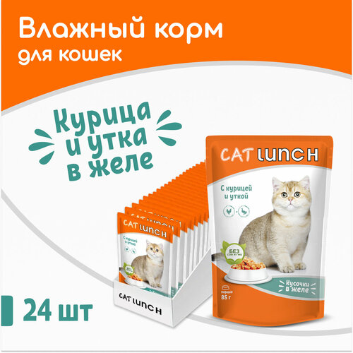 фото Влажный корм для кошек Cat Lunch кусочки в желе Курица и Утка, пауч 85гх24шт