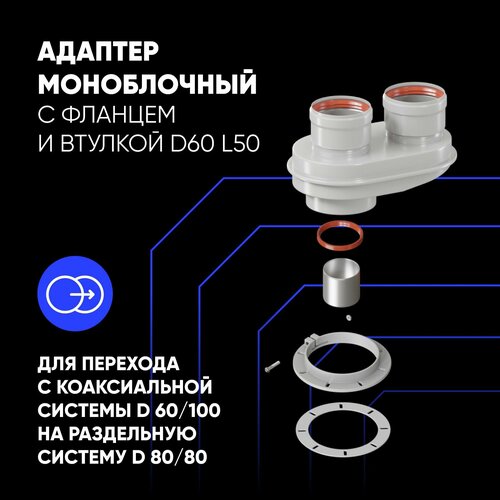 фото Адаптер моноблочный для перехода на двухтрубную систему 80/80 (Ferroli, Bosch, Buderus, Navien S/C/E, Baxi) с фл. и втулкой D60 L50