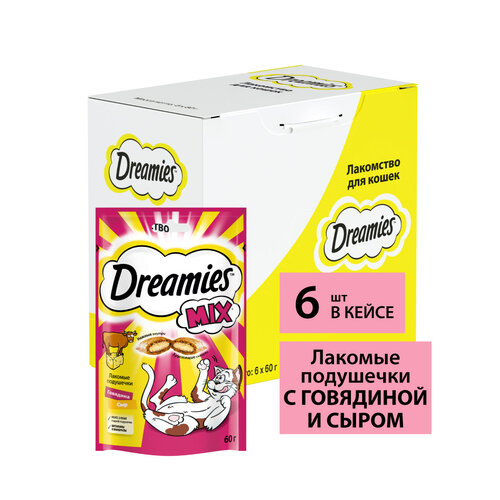 фото Лакомство для кошек  Dreamies Подушечки Mix, 360 г 6 уп. (шоу бокс) ассорти