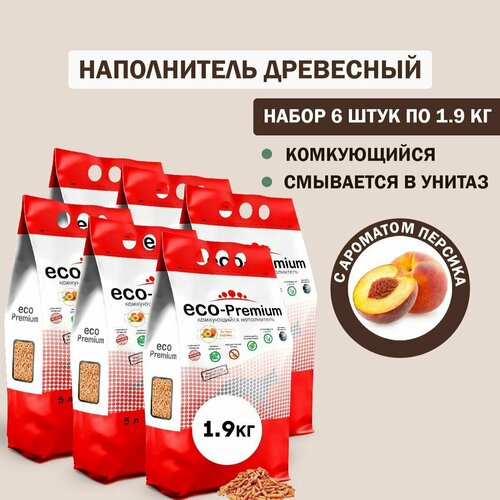 фото Наполнитель для кошачьего туалета комкующийся древесный ECO Premium Персик 6шт х 1.9кг