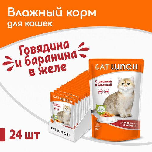 фото Влажный корм для кошек Cat Lunch кусочки в желе Говядина и Баранина, пауч 85гх24шт