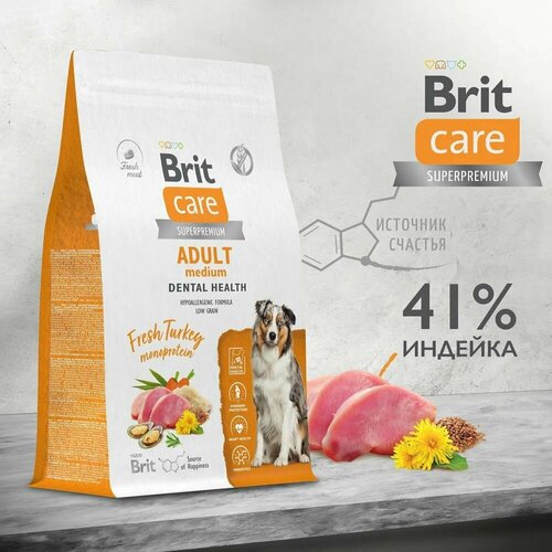 фото 4 шт по 3кг. Сухой корм Brit Care Dog Adult M Dental Health 12 кг для взрослых собак средних пород, с индейкой