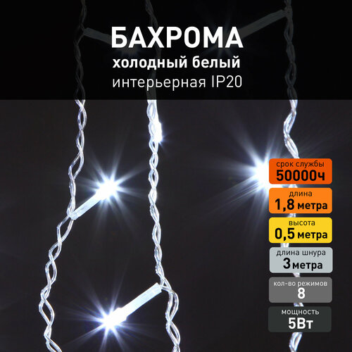 фото Гирлянда бахрома Eurosvet 100-001 белый свет, IP20, 1,8х0,5 метра, 8 режимов