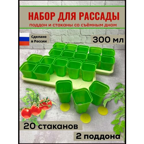 фото Рассадники, горшочки для рассады 300 мл, 20 шт, 2 ящика, стаканчики со съемным дном, многоразовые