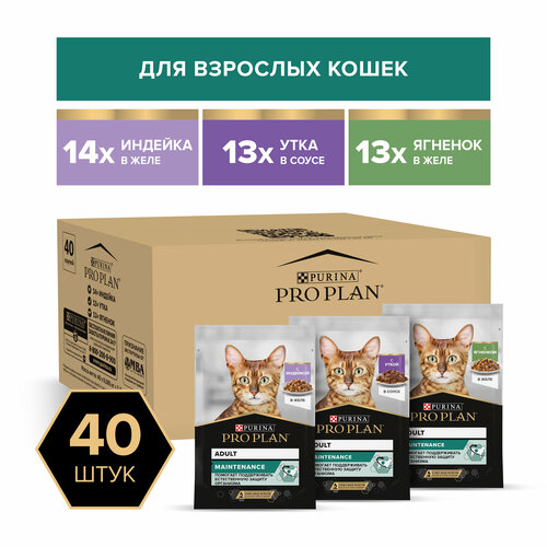 фото PRO PLAN 40x85 г влажный корм для взрослых кошек, вкусные кусочки с индейкой в желе, нежные кусочки с уткой в соусе, вкусные кусочки с ягненком в желе MIX