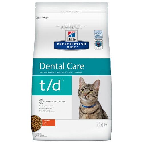 фото Сухой диетический корм для кошек Hill's Prescription Diet t/d Dental Care при заболеваниях полости рта, с курицей 1,5 кг