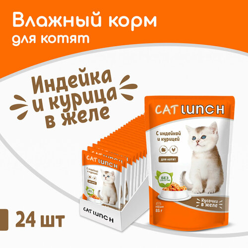 фото Влажный корм для котят Cat Lunch кусочки в желе с индейкой и курицей, пауч 85гх24шт