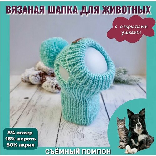 фото Вязаная шапка для животных с открытыми ушками, тиффани, S