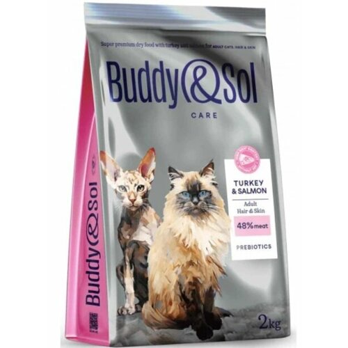 фото Сухой корм для взрослых кошек Buddy&Sol Adult Hair&Skin, с индейкой и лососем, для здоровья кожи и шерсти, 2 кг