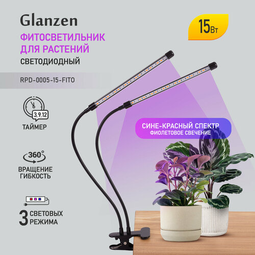 фото Glanzen фитосветильник RPD-0005-15-fito, 7 см, 1 л, черный