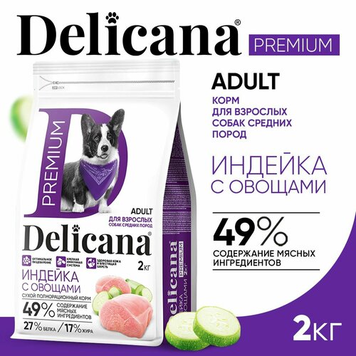 фото DELICANA Корм сухой для собак средних пород Индейка с овощами 2 кг