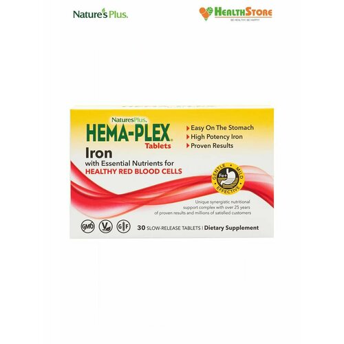 фото NaturesPlus HEMA-PLEX Iron Tablets Box 30 таблеток. Хелатное железо, хемаплекс 30