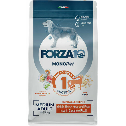 фото FORZA10 DOG MEDIUM MONODIET LOW GRAIN монобелковый низкозерновой для взрослых собак средних пород при аллергии с кониной и горохом (1,5 кг х 6 шт)