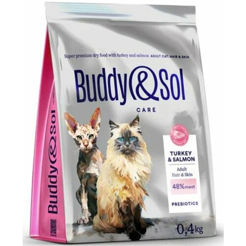 фото Сухой корм для взрослых кошек Buddy&Sol Adult Hair&Skin, с индейкой и лососем, для здоровья кожи и шерсти, 400 гр