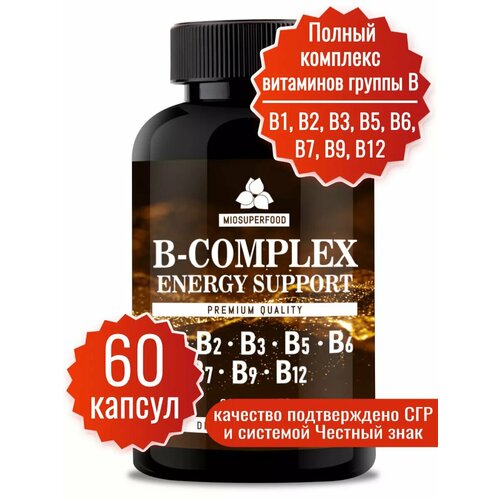 фото Комплекс витаминов группы B от 1 до 12 Миофарм Miosuperfood 60 капсул. Витамины группы Б b-complex для взрослых, женщин, мужчин, для нервной системы