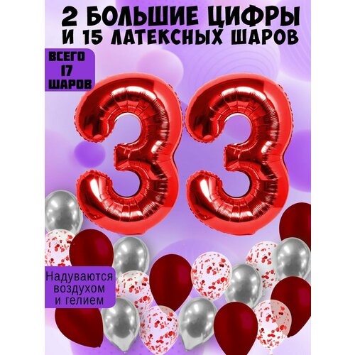 фото Набор шаров: цифры 33 года + хром 5шт, латекс 5шт, конфетти 5шт