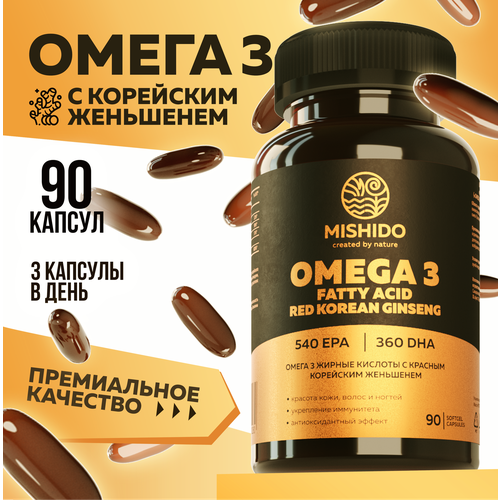 фото Омега 3 + красный корейский женьшень MISHIDO, 90 капсул рыбий жир 1000мг Omega 3