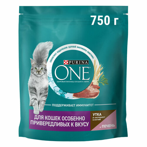 фото Сухой корм Purina ONE® полнорационный для кошек особенно привередливых к вкусу с высоким содержанием утки и c печенью, 750 г