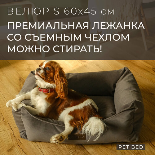 фото Лежанка для собак мелких пород со съемным чехлом PET BED Велюр, размер S 60х45 см, темно-серая