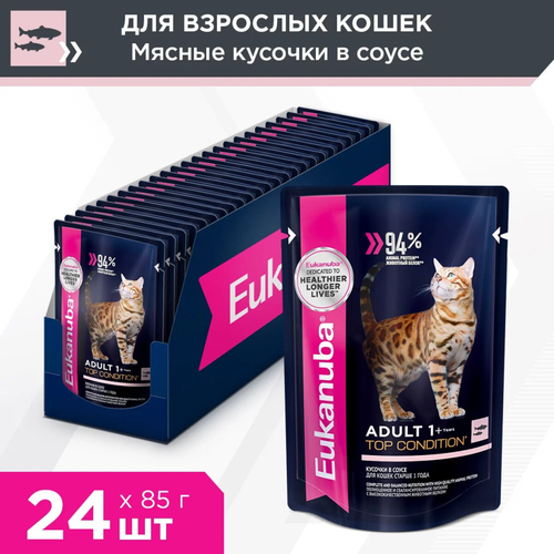 фото Влажный корм для кошек Eukanuba Top Condition, для здоровья кожи и блеска шерсти, с лососем 24 шт. х 85 г (кусочки в соусе)