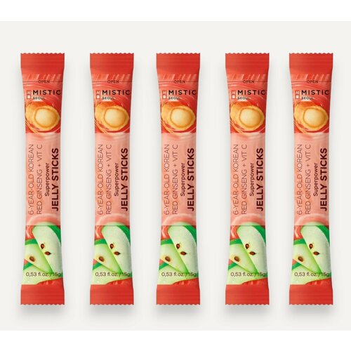 фото MISTIC 6-YEAR OLD KOREAN RED GINSENG+VIT C SUPERPOWER JELLY STICKS суперпауэр желейные палочки С 6-ЛЕТНИМ корейским красным женьшенем И витамином С со вкусом яблока 5шт*15г