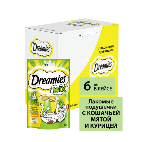 фото Лакомство для кошек  Dreamies Подушечки Mix, 360 г 6 уп. (шоу бокс) птица