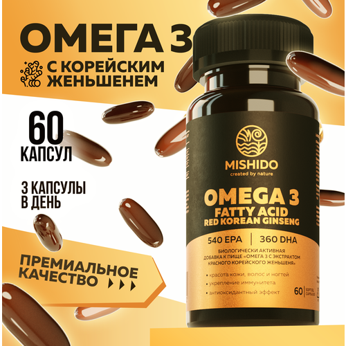 фото Омега 3 + красный корейский женьшень MISHIDO, 60 капсул рыбий жир 1000мг Omega 3