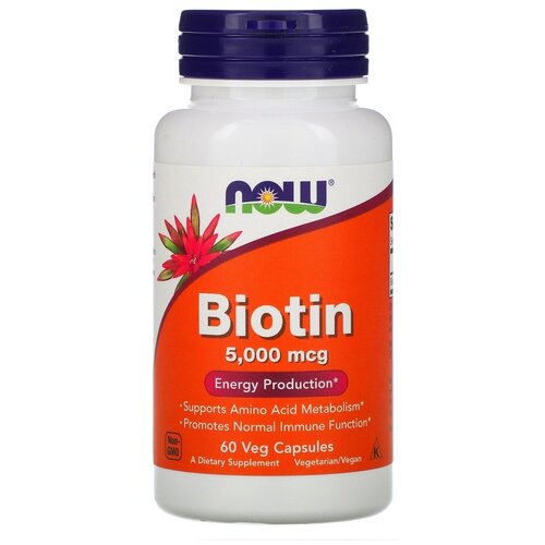 фото Капсулы NOW Biotin, 100 г, 150 мл, 5000 мкг, 60 шт.