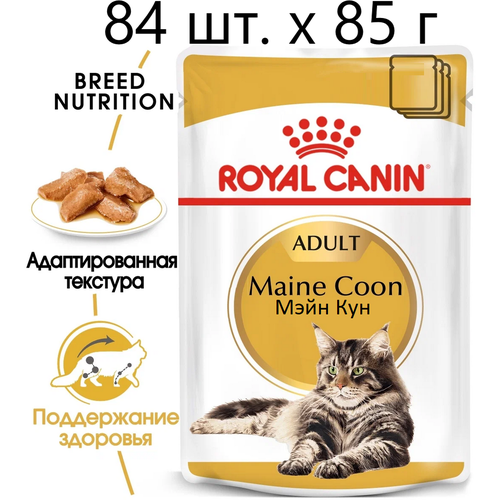 фото Влажный корм для кошек Royal Canin Maine Coon Adult, для взрослых кошек породы мейн-кун, 84 шт. х 85 г (кусочки в соусе)