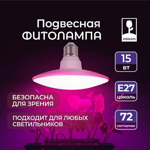 фото INBLOOM Лампа светодиодная для растений 72LED фиолетовый, 13x8см, E27, 15Вт, 220В, пластик