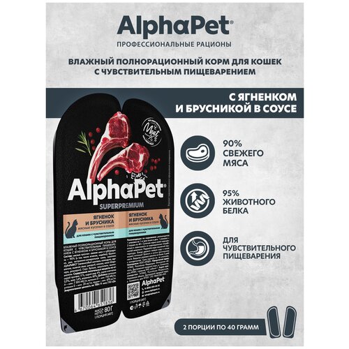 фото Влажный корм для кошек с чувств. пищеварением AlphaPet Superpremium Ягненок и брусника мясные кусочки в соусе 80г (Упаковка - 15 блистеров)