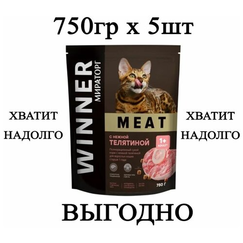 фото Мираторг Winner MEAT с нежной телятиной, 750гр х 5шт Полнорационный сухой корм для взрослых кошек всех пород. Виннер, 0.75кг, 750г