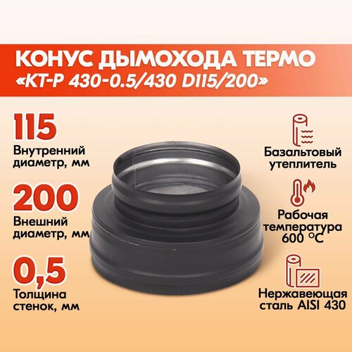 фото Конус дымохода термо КТ-Р 430-0.5/430 D115/200 Черный (RAL 9005)