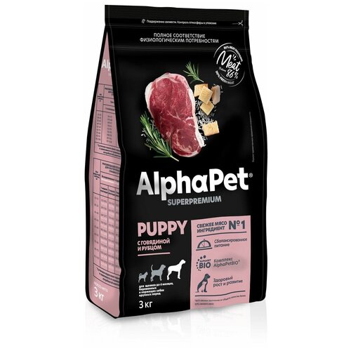 фото ALPHAPET SUPERPREMIUM 3 кг сухой корм для щенков до 6 мес, берем. и корм. собак КП с гов и рубцом