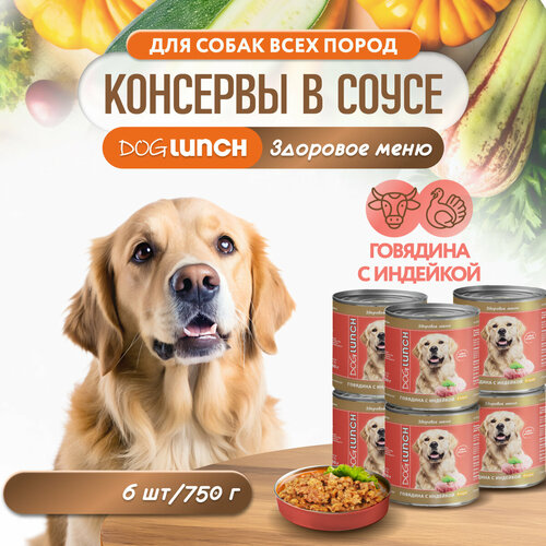 фото Корм влажный DOG LUNCH говядина и индейка в соусе для собак (6шт x 750г)