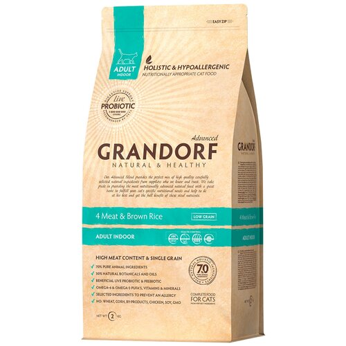 фото GRANDORF SINGLE GRAIN CAT ADULT INDOOR низкозерновой для взрослых кошек живущих дома 4 вида мяса с индейкой, уткой, кабаном и ягненком(0,4кг х 8шт)