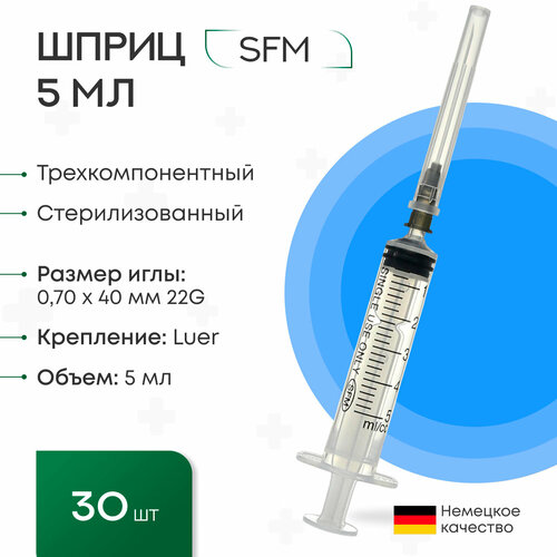 фото Шприц 5 мл. (3-х) SFM, Германия одноразовый стерилизованный с надетой иглой 0,70 х 40 - 22G (блистер) 30 шт.